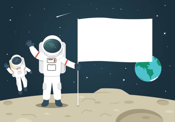 Astronaut with Blank Flag / Banner on the Moon Astronaut holding blank flag on the moon space exploration illustrations stock illustrations
