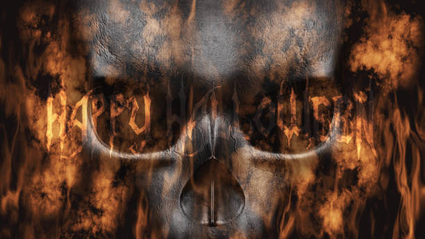 istock Happy Halloween. Human Skull With Smoke And Fire 3D Rendering 853085158