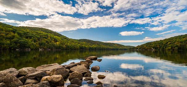 Candlewood Lake in Connecticut with reflections and sky during fall