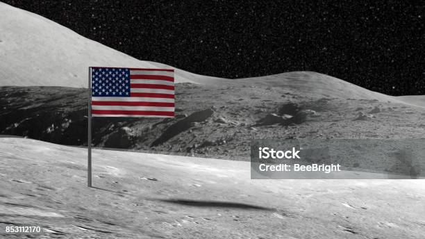 American Flag Stuck In The Rocky Moon Surface With Stars Stock Photo - Download Image Now