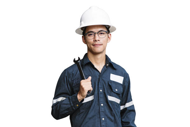 istock Asian man,Engineer or Technician in white helmet, glasses and blue working shirt suit holding wrench, isolated on white, mechanic and Oil and Gas industrial concept with clipping path. 853116046
