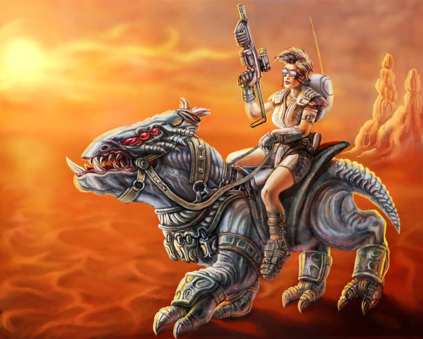 istock Fantastic Amazon girl with rifle riding a monster. Science fiction illustration. 853138994