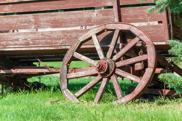 istock An old cart for transportation on green grass close-up 853139882