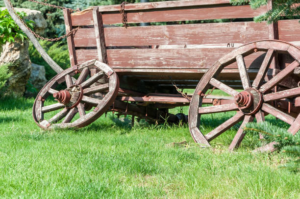istock An old cart for transportation on green grass close-up 853140028