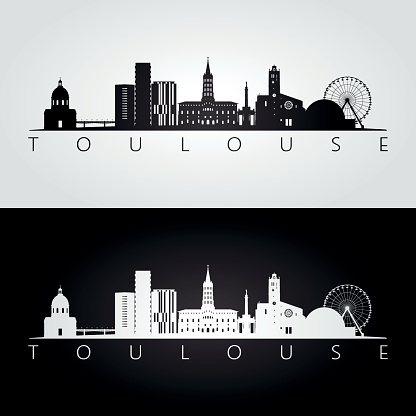 Toulouse skyline and landmarks silhouette, black and white design, vector illustration.