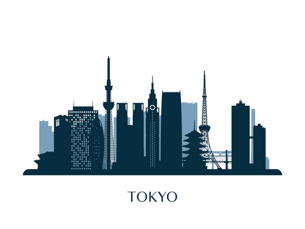 illustrazioni stock, clip art, cartoni animati e icone di tendenza di skyline di tokyo, silhouette monocromatica. illustrazione vettoriale. - prefettura di tokyo