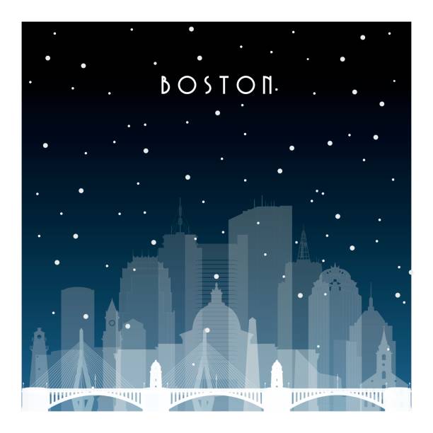 ilustrações, clipart, desenhos animados e ícones de noite de inverno em boston. cidade de noite, em estilo simples para banner, cartaz, ilustração, jogo, plano de fundo. - boston winter snow massachusetts