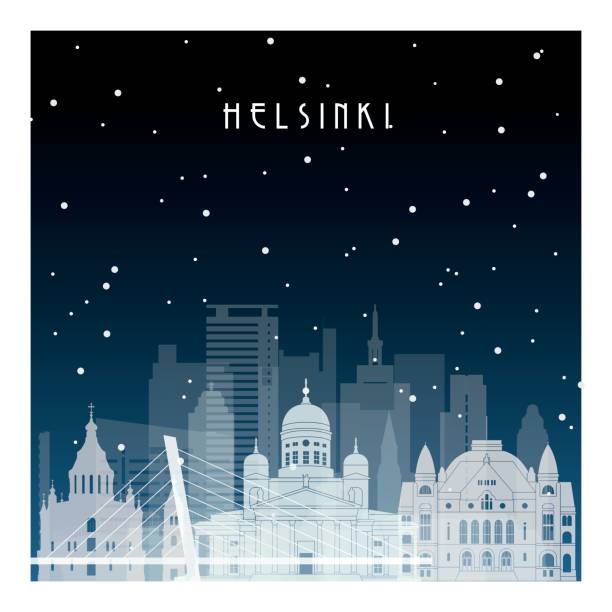 winternacht in helsinki. nächtliche stadt im flachen stil für banner, plakat, illustration, spiel, hintergrund. - helsinki stock-grafiken, -clipart, -cartoons und -symbole
