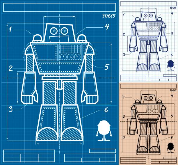 Robot Blueprint Cartoon Cartoon blueprint of giant robot in 3 versions. robot clipart stock illustrations