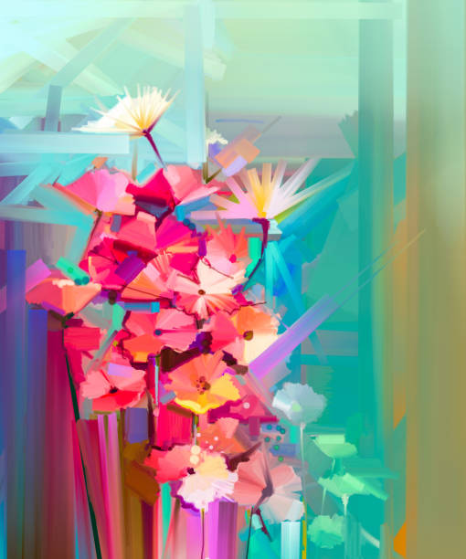 Abstract oil painting spring flower. Still life of yellow, pink, red gerbera bouquet. Colorful flowers painting with yellow, green background. Hand Painted floral Impressionist paintings style