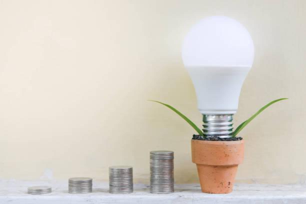 istock LED bulb grow up from the pot and coins stracks for saving energy concept 853159822