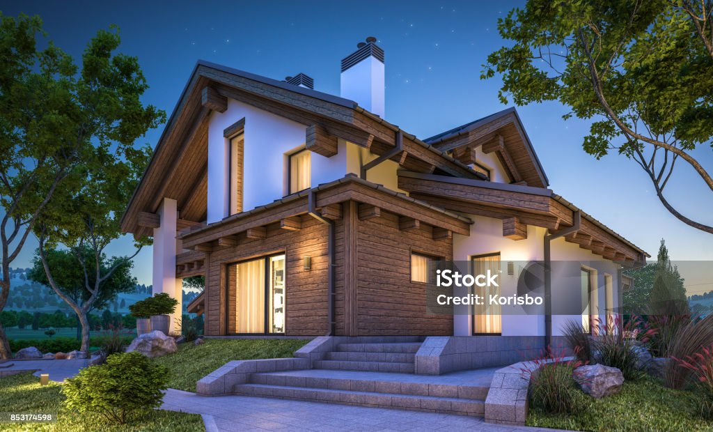 3d rendering of modern cozy house in chalet style 3d rendering of modern cozy house in chalet style with garage for sale or rent with many grass on lawn. Clear summer night with stars on the sky. Cozy warm light from window House Stock Photo