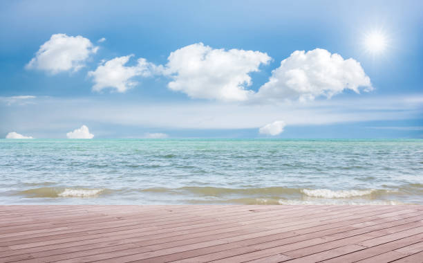 istock Beach Scene With Wooden Floor background 853177950