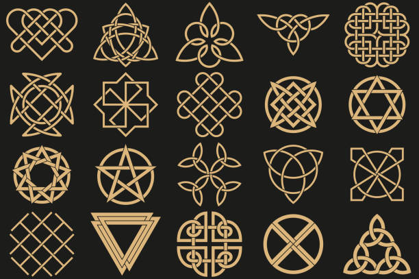 Set of ancient symbols Set of ancient symbols executed in Celtic style. Secret signs, knots, interlacings. Concept of secret and origin of mankind. Mascots, charms executed in the form of logos. Magic signs. Vector illustration. slavic culture stock illustrations