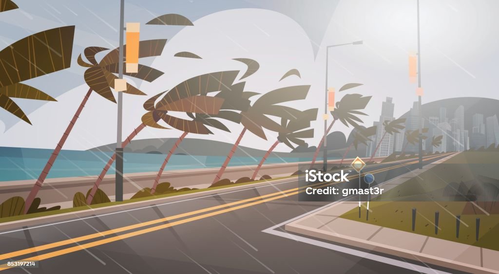 Tornado Incoming From Sea Hurricane In Ocean Huge Wind Over Palm Trees And Road Tropical Natural Disaster Concept Tornado Incoming From Sea Hurricane In Ocean Huge Wind Over Palm Trees And Road Tropical Natural Disaster Concept Flat Vector Illustration Hurricane - Storm stock vector