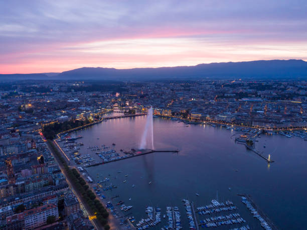 Geneva cityscape in sunset stock photo