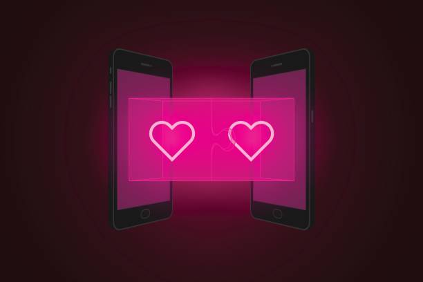 istock Two smartphone with jigsaw puzzle 3d and heart symbol set Love Connect concept idea illustration isolated glow in the dark background, with copy space 853220568