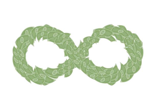 istock Infinity symbol shape made from cash (dollar) concept idea illustration isolated on white background, with copy space 853220592