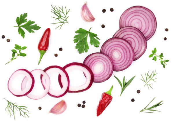 istock onions, garlic, hot pepper and spices isolated on white background. Top view 853220692