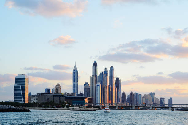 Skyscrapers of Dubai Marina from Persian gulf. stock photo