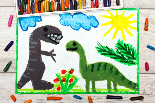 Photo of colorful drawing: Smiling dinosaurs. Big diplodocus and tyrannosaurus rex Photo of colorful drawing: Smiling dinosaurs. Big diplodocus and tyrannosaurus rex dinosaur drawing stock pictures, royalty-free photos & images