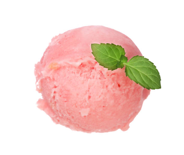istock Strawberry ice cream ball with a mint leaf isolated on white background, top view 853231084