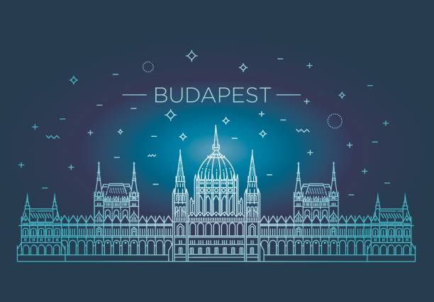 ilustraciones, imágenes clip art, dibujos animados e iconos de stock de viajes hungría señal de edificio histórico icono de línea delgada - budapest parliament building hungary government