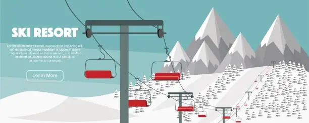 Vector illustration of Ski resort, lift flat vector illustration. Alps, fir trees, mountains wide panoramic background.