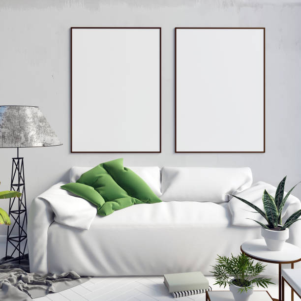 istock Mock up poster in interior with coffee table and sofa. living room. resting place. modern style. 3d illustration 853243270