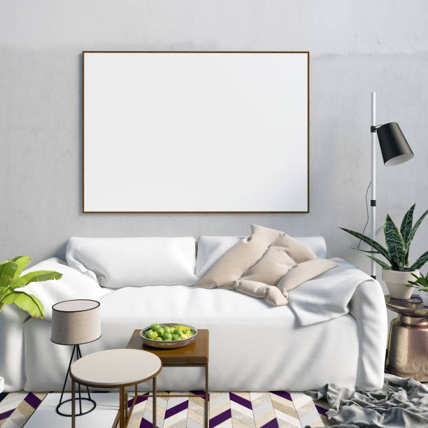 istock Mock up poster in interior with coffee table and sofa. living room. resting place. modern style. 3d illustration 853243276