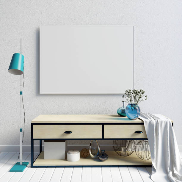 istock 3d illustration, modern interior with credenza, poster and lamp. wall mock up 853243280