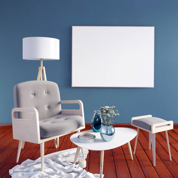 istock 3d illustration, modern interior with frame, poster and chair. poster mock up 853243336