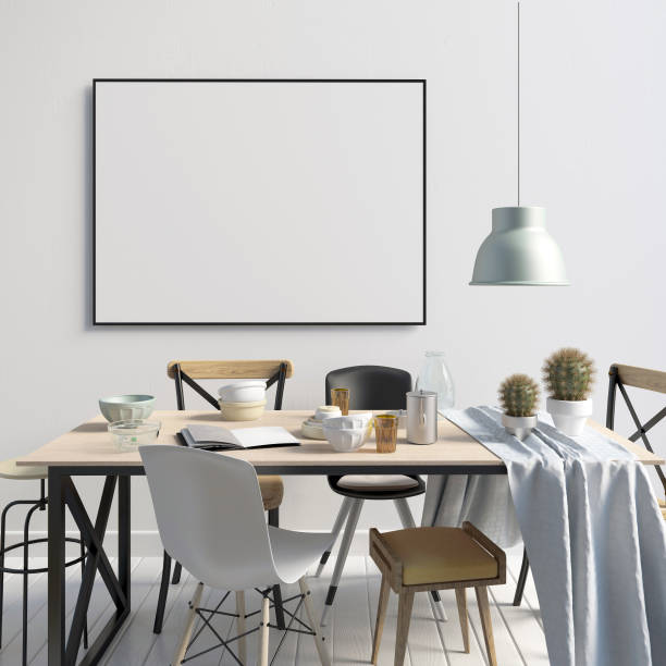 istock Mock up poster in interior with dining area. living room modern style. 3d illustration 853243348