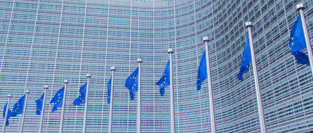 European Union flag at European Commission Headquarters The flags of the European Union at the European Commission's headquarter, the so-called Berlaymont Building in Brussels, Belgium. european court of human rights stock pictures, royalty-free photos & images