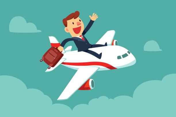 ilustrações de stock, clip art, desenhos animados e ícones de businessman with suitcase sit on top of airplane - smiling aeroplane
