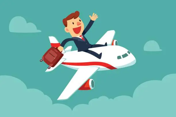 Vector illustration of businessman with suitcase sit on top of airplane