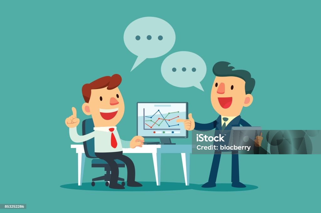 Two Businessmen Discussing Business Strategy Stock Illustration - Download  Image Now - Cartoon, Advice, Computer - iStock