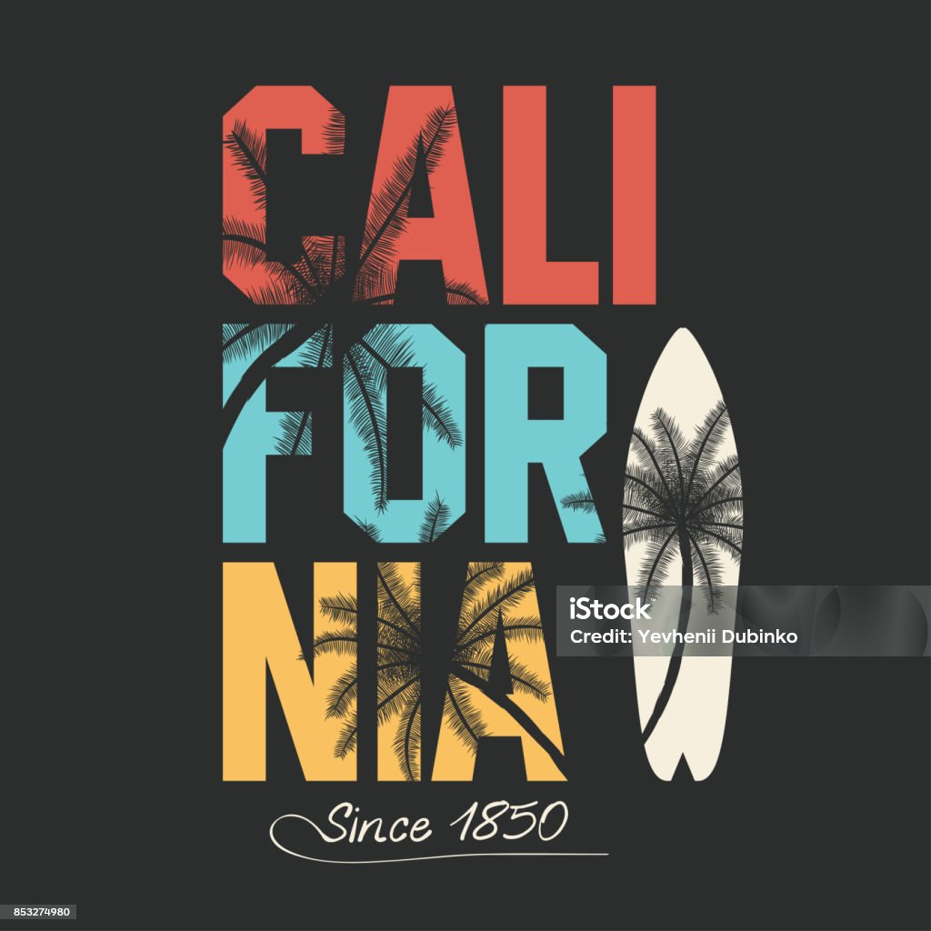 California, surfing typography. T-shirt graphics with tropic palms California, surfing typography. T-shirt graphics with tropic palms. Vector Retro Style stock vector