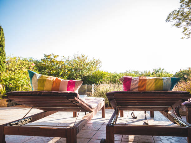 istock Two Loungers at a Pool with Blue Skies 853275064