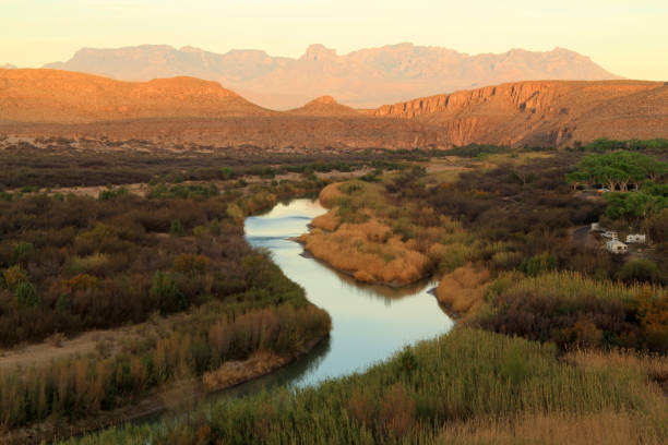 The Rio Grande The Rio Grande as viewed from the Rio Grande Village Nature Trail in Big Bend National Park, Texas texas mountains stock pictures, royalty-free photos & images