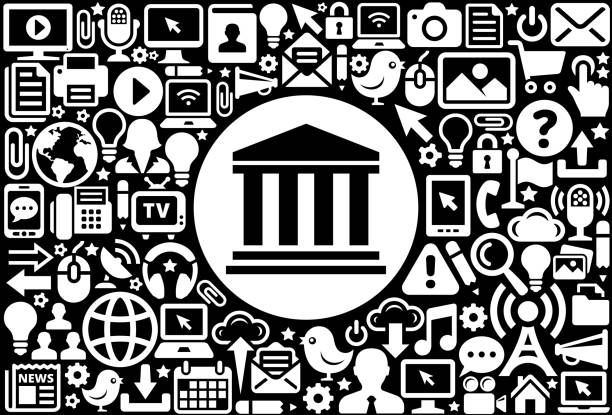 Bank Icon Black and White Internet Technology Background Bank Icon Black and White Internet Technology Background. This image features the main icon on a white round button. The vector button is surrounded by a seamless pattern of internet and modern technology icons. The icons vary in size and are white in color. The background is a solid black color. Icons include such technology elements as computer, email, internet, communications and many more. ビットコインのニュース stock illustrations