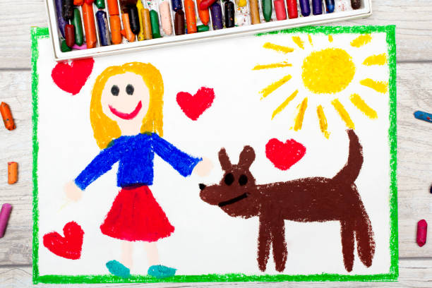zdjęcie kolorowego rysunku: uśmiechnięta dziewczynka i jej uroczy pies - czarny_bez zdjęcia i obrazy z banku zdjęć