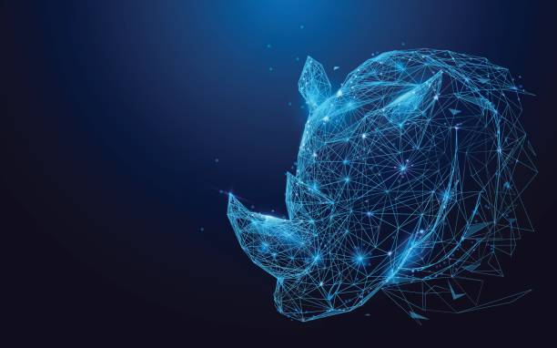 Rhino from lines and triangles, point connecting network on blue background. Illustration vector Rhino from lines and triangles, point connecting network on blue background. Illustration vector rhinoceros stock illustrations