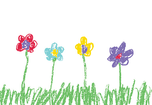 Wax crayon like kid`s hand drawn colorful flowers with green grass.