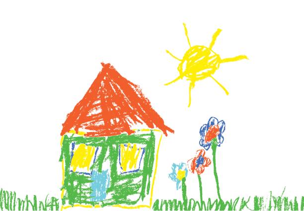 воск карандаш, как рука ребенка обращается дом, трава, красочные цветы и солнце. - childs drawing stock illustrations