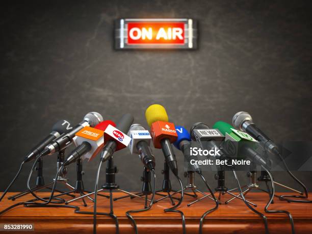 Press Conference Or Interview On Air Microphones Of Different Mass Media Radio Tv And Press Prepared For Conference Meeting Stock Photo - Download Image Now