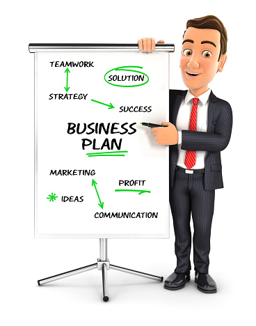 3d businessman writing business plan on paperboard, illustration with isolated white background