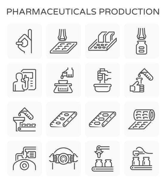 pharmaceutical production icon Vector line icon of pharmaceutical production and manufacturing. drug manufacturing stock illustrations