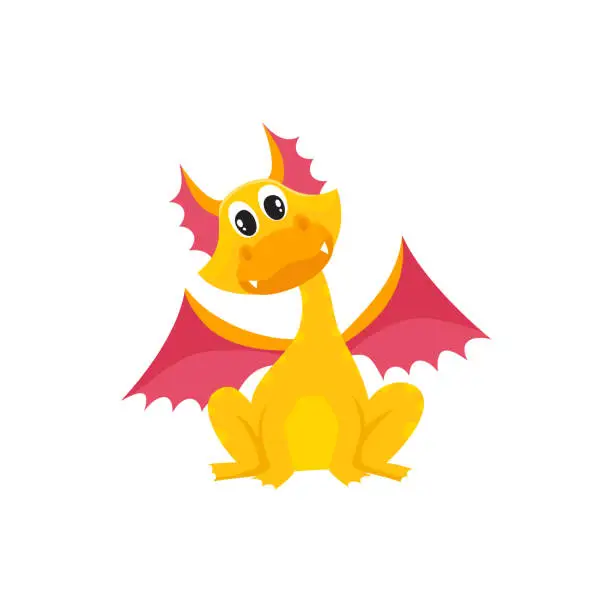 Vector illustration of vector flat cartoon dragon kid with horns, wings.