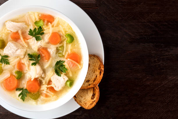 istock Chicken soup with noodles, overhead photo with copyspace 853289478